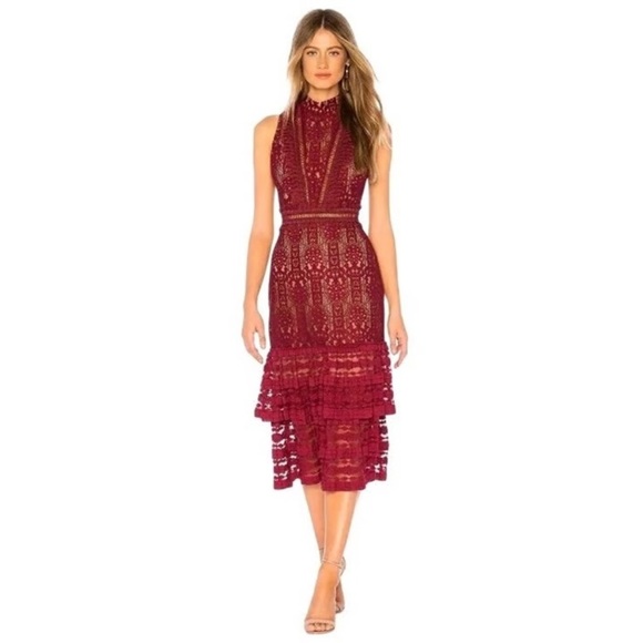 ENDLESS ROSE sleeveless lace high neck midi dress burgundy wedding formal size M